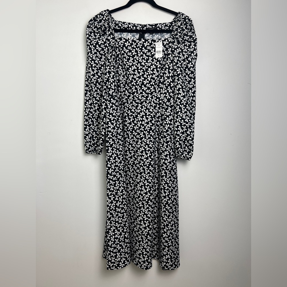NEW‎ Ann Taylor Size 6 Black Bow Print Puff Sleeve Square Neck Midi Dress
